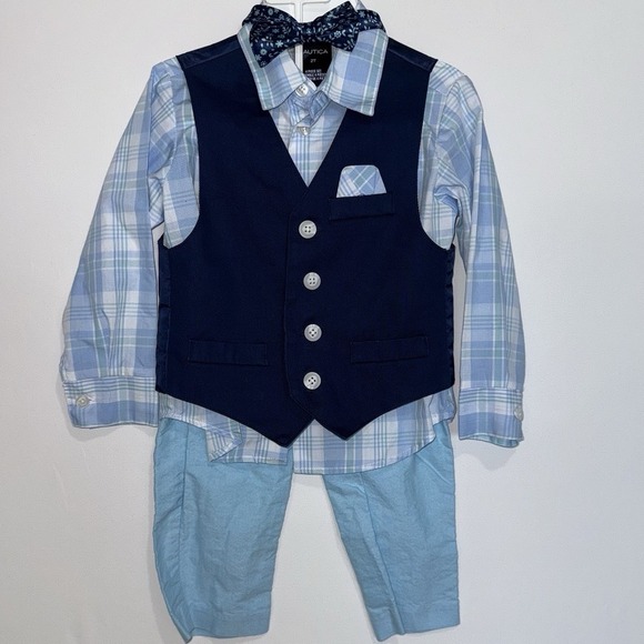 NAUTICA Boy's Suit Set Dress Shirt Bowtie Vest Pants Formal 2T Light Blue Pastel - Picture 1 of 6